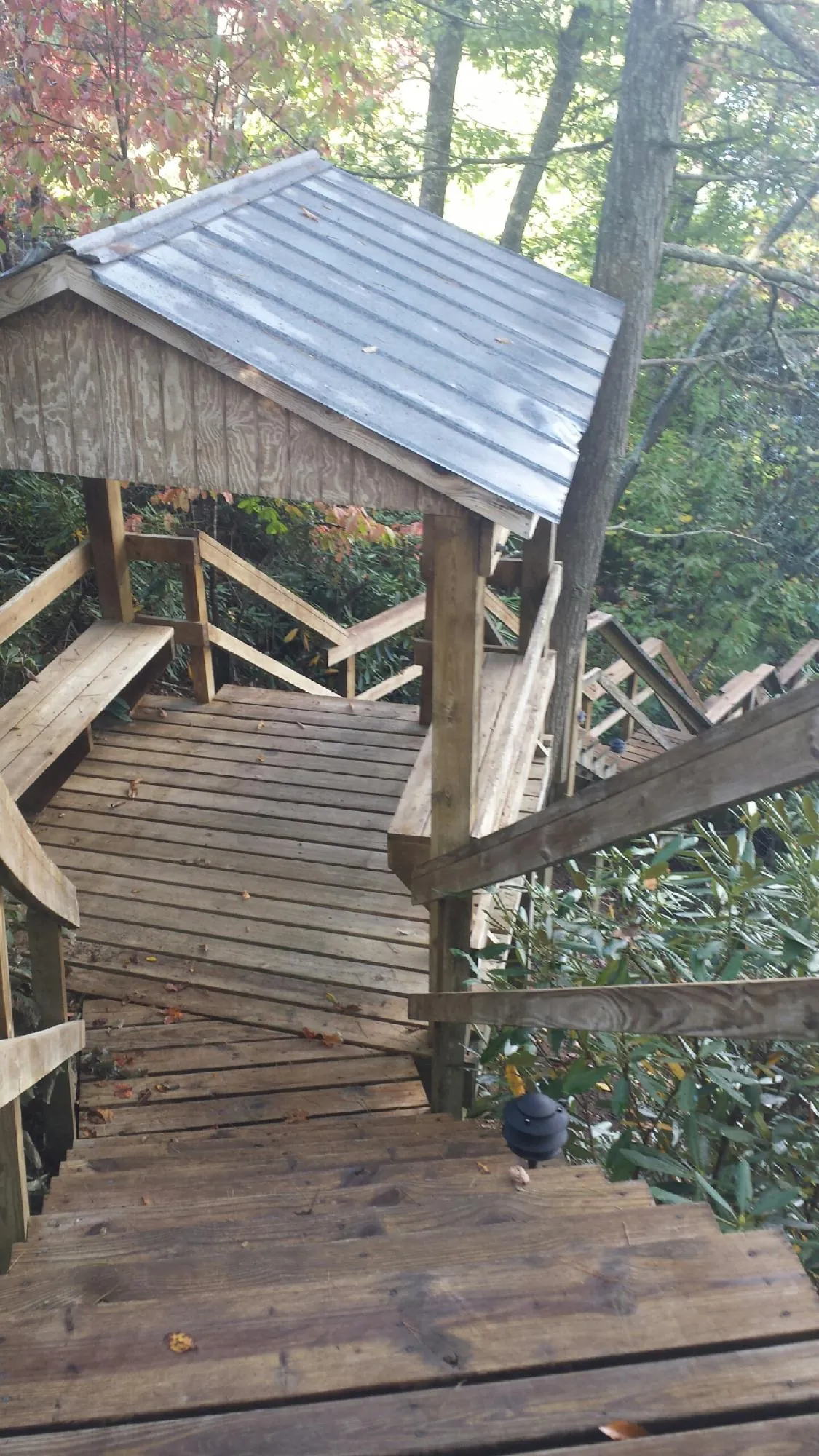 Metal roofed shelter over wooden steps on a wooded walkway — Skylight Repair & Installation work by our crew in North Henderson